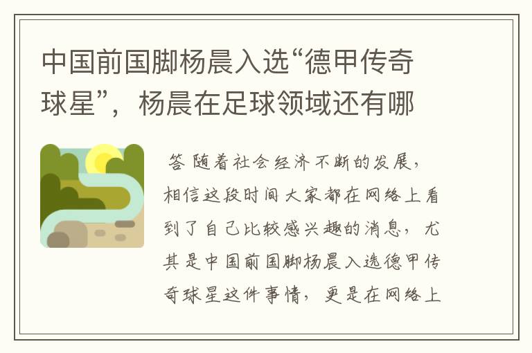 中国前国脚杨晨入选“德甲传奇球星”,杨晨在足球领域还有哪些成就?