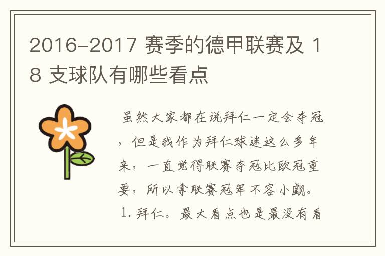 2016-2017 赛季的德甲联赛及 18 支球队有哪些看点