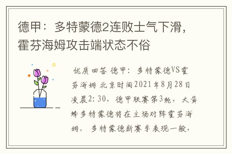 德甲:多特蒙德2连败士气下滑,霍芬海姆攻击端状态不俗