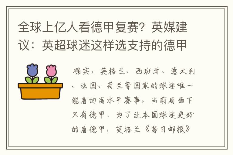 全球上亿人看德甲复赛?英媒建议:英超球迷这样选支持的德甲队伍
