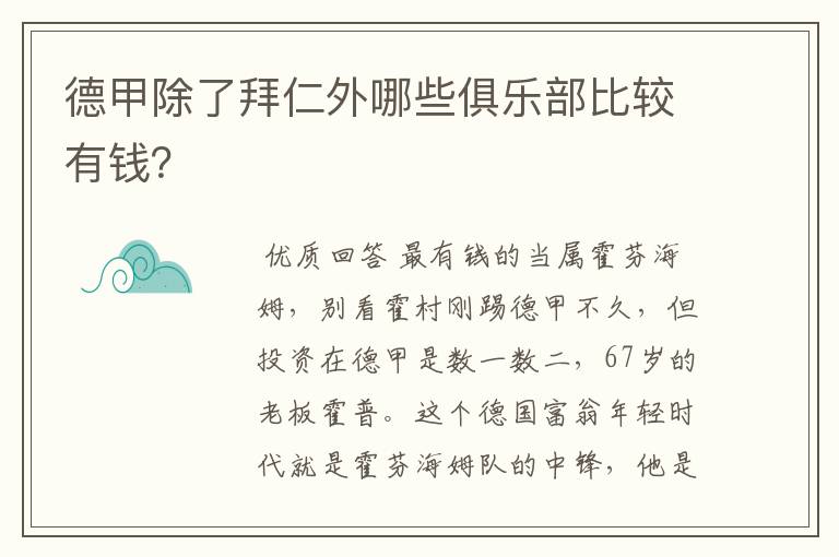 德甲除了拜仁外哪些俱乐部比较有钱?