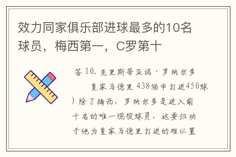 效力同家俱乐部进球最多的10名球员,梅西第一,C罗第十