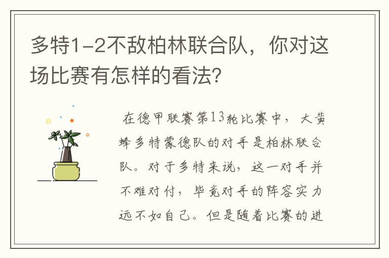 多特1-2不敌柏林联合队,你对这场比赛有怎样的看法?