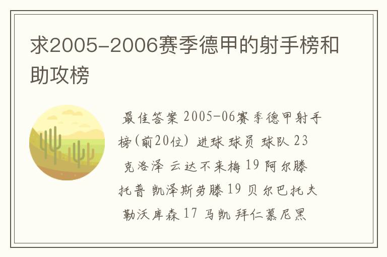 求2005-2006赛季德甲的射手榜和助攻榜