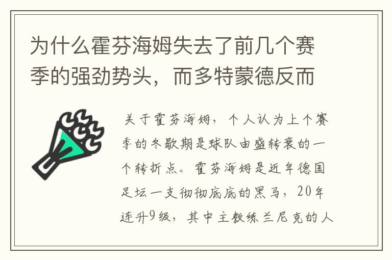 为什么霍芬海姆失去了前几个赛季的强劲势头,而多特蒙德反而成了一匹黑马,还夺得了冠军?