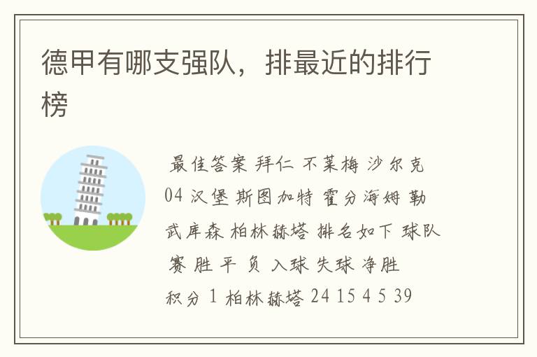 德甲有哪支强队，排最近的排行榜