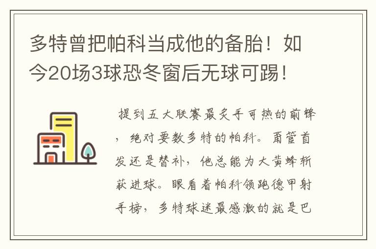 多特曾把帕科当成他的备胎!如今20场3球恐冬窗后无球可踢!