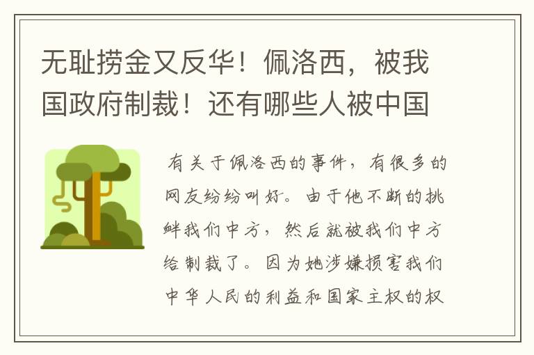 无耻捞金又反华!佩洛西,被我国政府制裁!还有哪些人被中国制裁过?