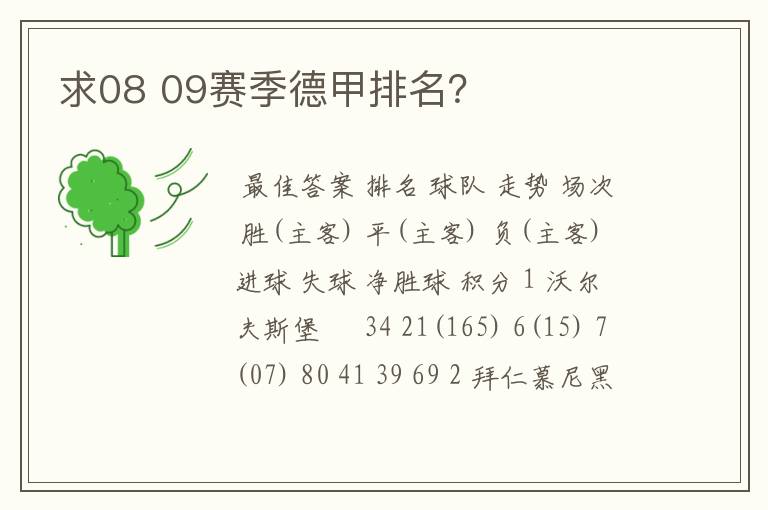 求08 09赛季德甲排名?