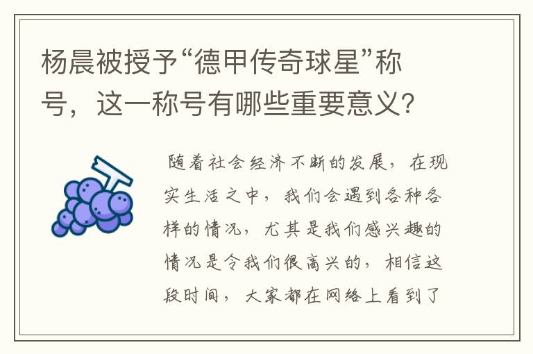 杨晨被授予“德甲传奇球星”称号,这一称号有哪些重要意义?
