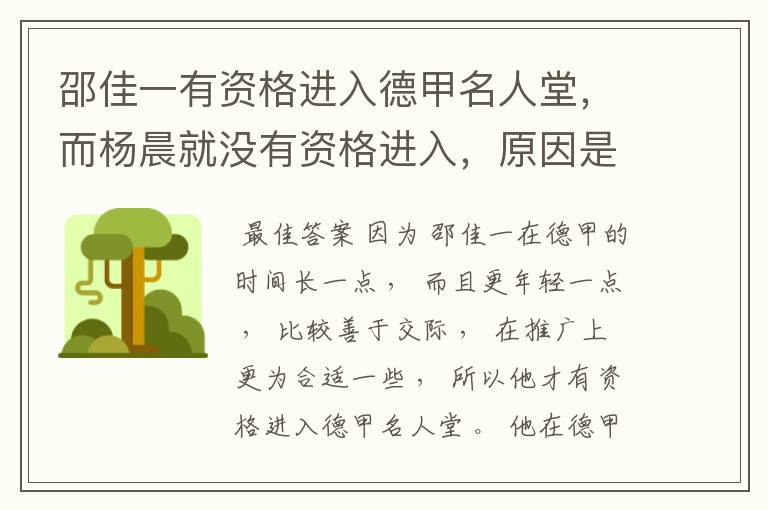 邵佳一有资格进入德甲名人堂,而杨晨就没有资格进入,原因是什么?