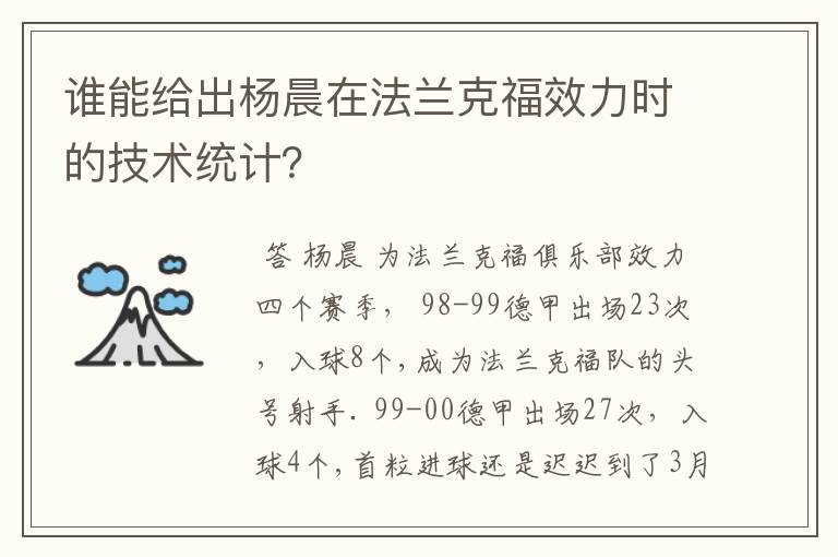 谁能给出杨晨在法兰克福效力时的技术统计?