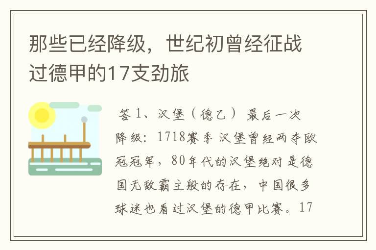 那些已经降级,世纪初曾经征战过德甲的17支劲旅