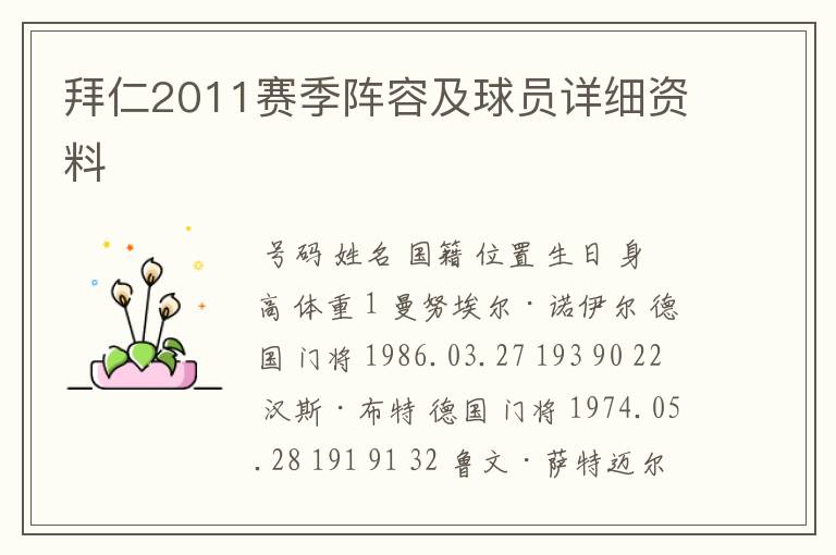 拜仁2011赛季阵容及球员详细资料