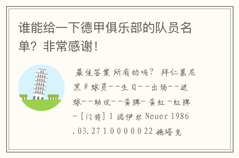 谁能给一下德甲俱乐部的队员名单?非常感谢!