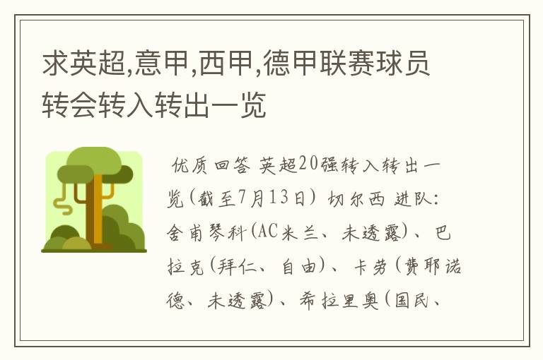 求英超,意甲,西甲,德甲联赛球员转会转入转出一览