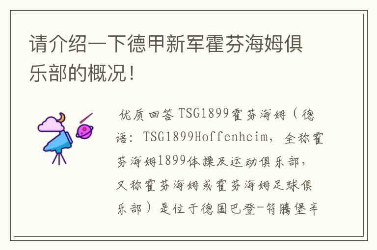 请介绍一下德甲新军霍芬海姆俱乐部的概况!