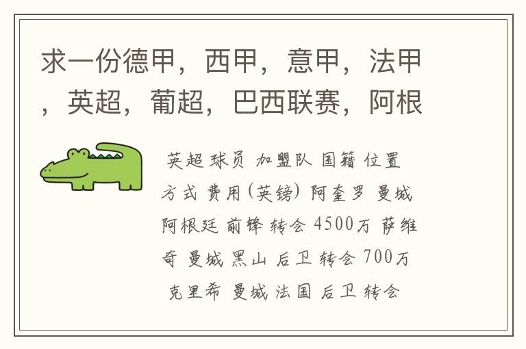 求一份德甲,西甲,意甲,法甲,英超,葡超,巴西联赛,阿根廷联赛2011年夏季转会名单