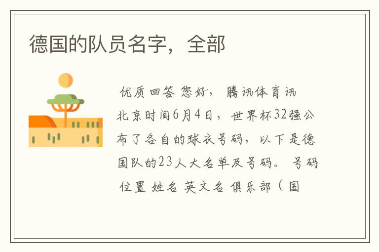 德国的队员名字,全部