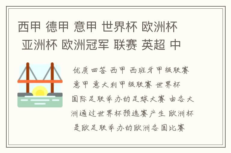西甲 德甲 意甲 世界杯 欧洲杯 亚洲杯 欧洲冠军 联赛 英超 中超 分别是什么意思啊?