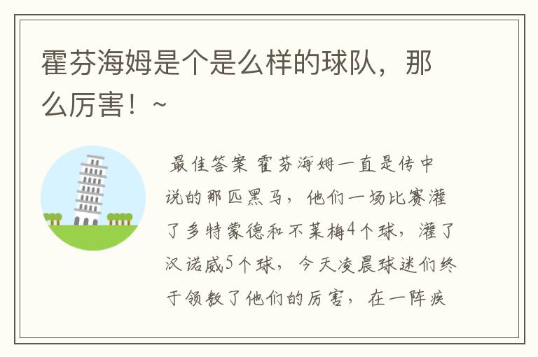 霍芬海姆是个是么样的球队,那么厉害!~
