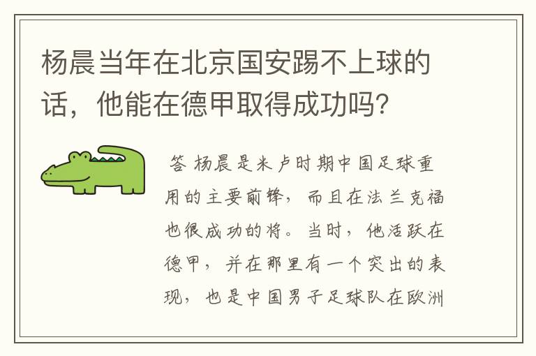 杨晨当年在北京国安踢不上球的话,他能在德甲取得成功吗?