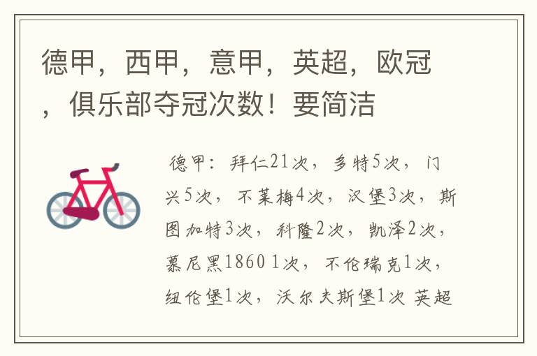 德甲,西甲,意甲,英超,欧冠,俱乐部夺冠次数!要简洁