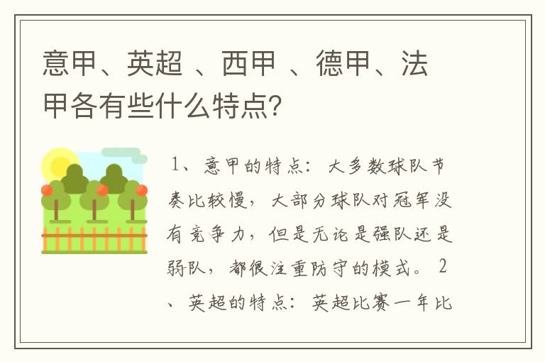 意甲、英超 、西甲 、德甲、法甲各有些什么特点?