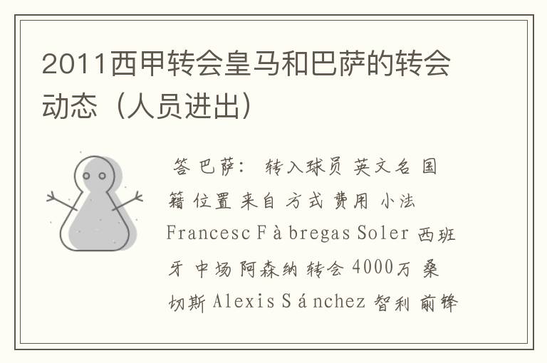 2011西甲转会皇马和巴萨的转会动态(人员进出)