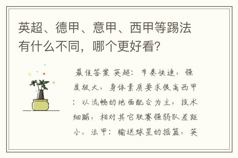 英超、德甲、意甲、西甲等踢法有什么不同,哪个更好看?