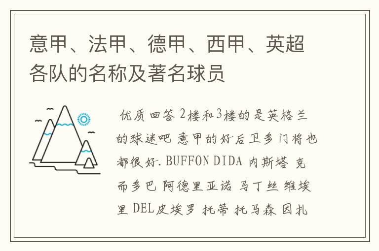 意甲、法甲、德甲、西甲、英超各队的名称及著名球员