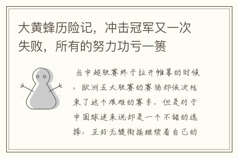 大黄蜂历险记，冲击冠军又一次失败，所有的努力功亏一篑