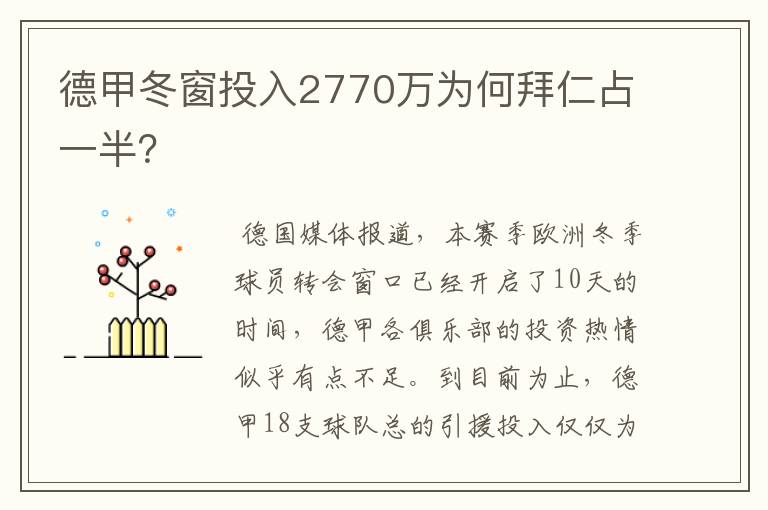 德甲冬窗投入2770万为何拜仁占一半?