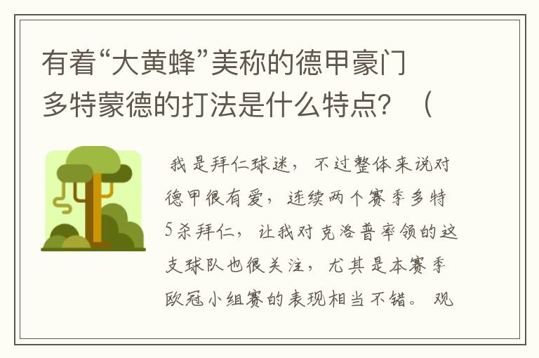 有着“大黄蜂”美称的德甲豪门多特蒙德的打法是什么特点?(请多特蒙德资深球迷回答)