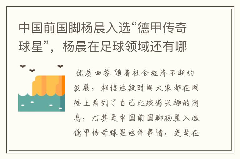 中国前国脚杨晨入选“德甲传奇球星”,杨晨在足球领域还有哪些成就?