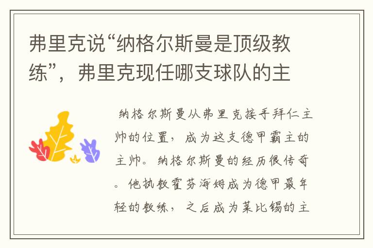 弗里克说“纳格尔斯曼是顶级教练”,弗里克现任哪支球队的主帅?