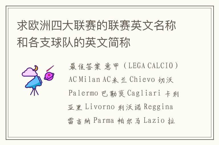 求欧洲四大联赛的联赛英文名称和各支球队的英文简称