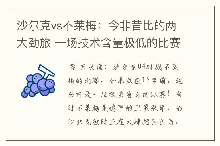 沙尔克vs不莱梅:今非昔比的两大劲旅 一场技术含量极低的比赛