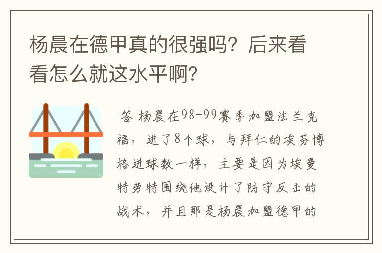 杨晨在德甲真的很强吗?后来看看怎么就这水平啊?
