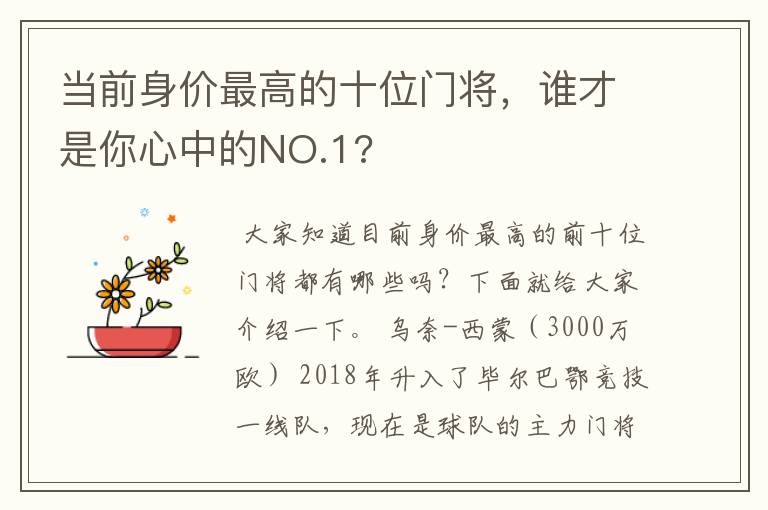 当前身价最高的十位门将,谁才是你心中的NO.1?