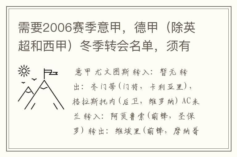 需要2006赛季意甲,德甲(除英超和西甲)冬季转会名单,须有转会方式