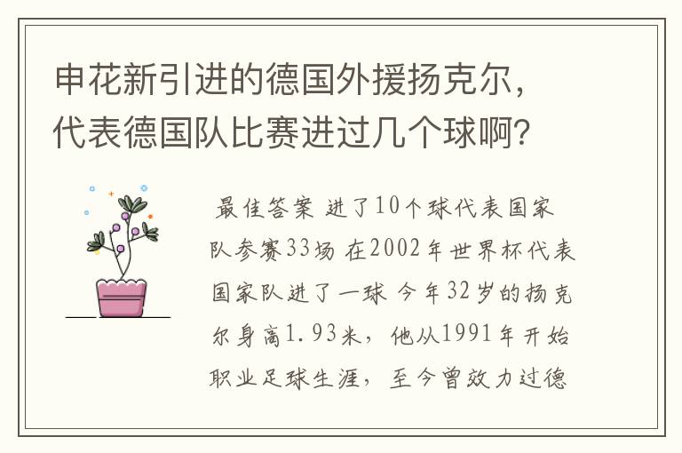 申花新引进的德国外援扬克尔,代表德国队比赛进过几个球啊?在韩日世界杯上有过进球吗?
