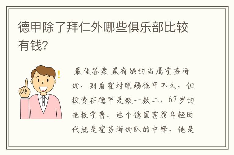 德甲除了拜仁外哪些俱乐部比较有钱?