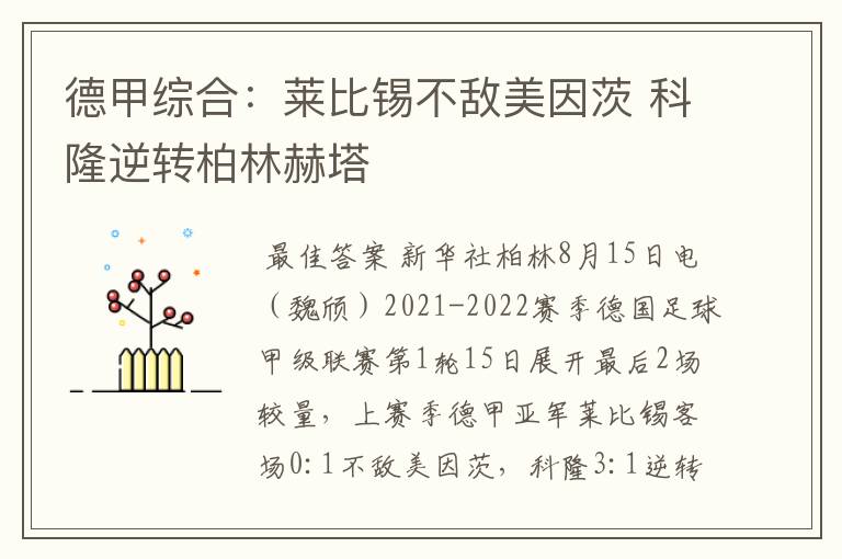 德甲综合:莱比锡不敌美因茨 科隆逆转柏林赫塔