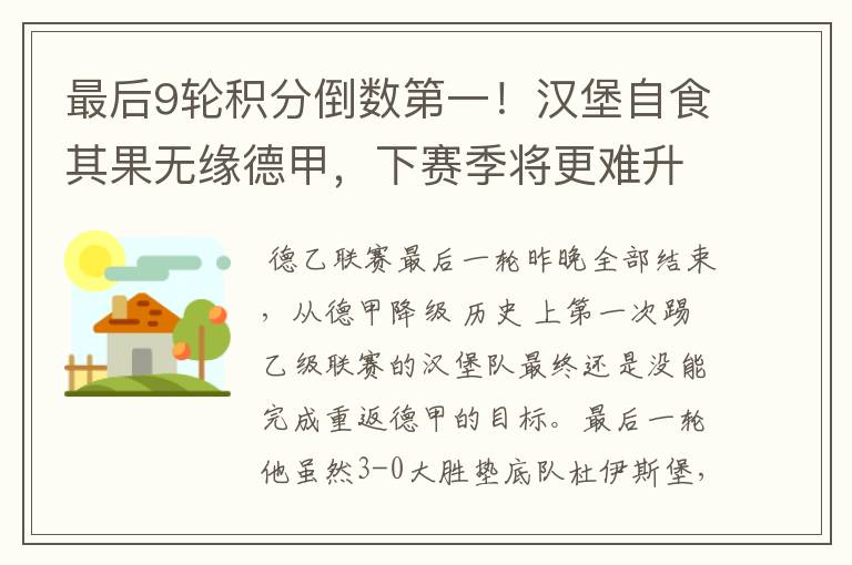 最后9轮积分倒数第一!汉堡自食其果无缘德甲,下赛季将更难升级