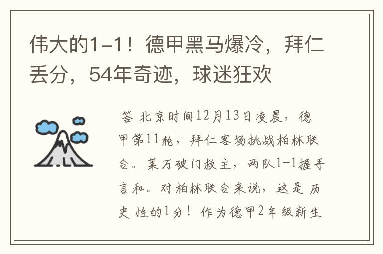 伟大的1-1!德甲黑马爆冷,拜仁丢分,54年奇迹,球迷狂欢