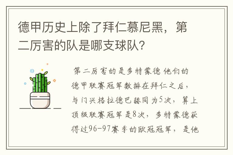 德甲历史上除了拜仁慕尼黑,第二厉害的队是哪支球队?