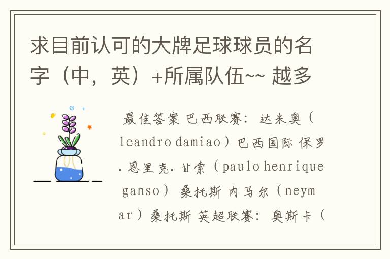 求目前认可的大牌足球球员的名字(中,英)+所属队伍~~ 越多越好~~~~~