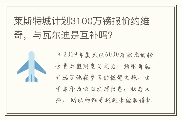 莱斯特城计划3100万镑报价约维奇,与瓦尔迪是互补吗?