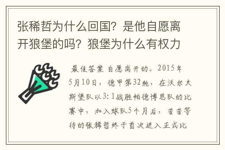 张稀哲为什么回国?是他自愿离开狼堡的吗?狼堡为什么有权力限制他不让他去德甲其他球队?